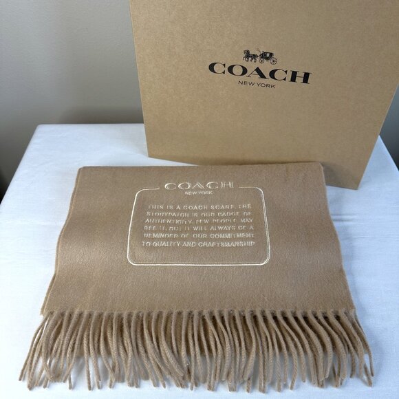 COACH Embroidered Patch Cashmere Scarf Tan/Camel - Picture 2 of 6